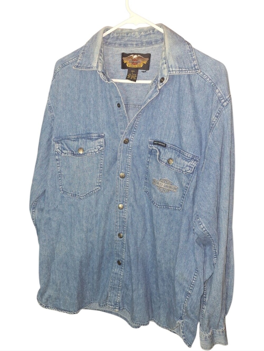 HARLEY DAVIDSON Vintage Mens L Denim Western Shirt Blue Embroidered Biker Logo